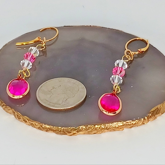 HP🎉🎉 Gold Linear Dangle Drop Crystal Earrings Pink Parisian Dollette Coquette - Picture 5 of 8